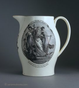 Creamware baluster form wheel-thrown jug. Black bat print 'Faith, Hope, Charity'. Liverpool or Staffordshire. 198mm High. c.1790-1810. AP/521.