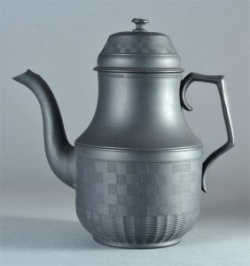 Black basalt coffee pot. Fine quality with engine turning. Possibly Leeds. 217mm High. c.1800-1825. AP/775.