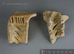 Medieval English jug handles. Excavated in Bristol. Late C13th to mid C14th.