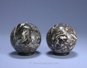 Solid agateware carpet balls (for indoor bowling), probably N. England, c.1835-1870.