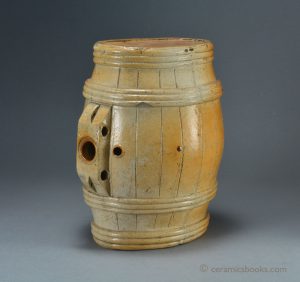 Large salt-glazed stoneware barrel flask, attributed to Stephen Green’s Imperial Pottery, Lambeth. c.1840-1850. AP/940.