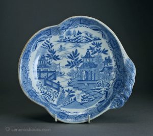 Blue transfer printed dish 'Chinoiserie Bridgeless' pattern, poss. Don Pottery or Davenport. 210mm Widest. c.1815-1830. AP/012.