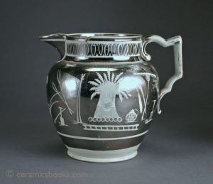 Silver resist lustre Harvest or Farming jug, pearlware. 133mm High. c.1810-1825. AP/138.