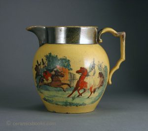 Napoleonic canary yellow silver lustre jug. 'Cossacks method of Attack' enamelled print. 141mm High. c.1813. AP/321.