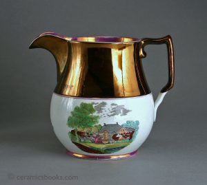 Pearlware lustre jug, enamelled prints, farmyard, bird nest etc.. 152mm High. c.1810-1825. AP/536.