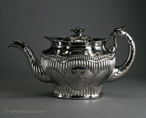 Rare silver lustre teapot, griffin handle, Georgian military star. Redware body. 147mm High. c.1820-1830. AP/540.
