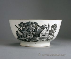 Pearlware bowl with black transfer printed river and farmyard scenes. 149mm Wide. c.1800-1820. AP/561.