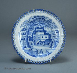 Pearlware arcaded ribbon dish, 'Eastern Street Scene' attributed to J. and R. Riley. 193mm Wide. c.1802-1828. AP/778.