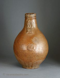 Brown salt-glazed Bartmann (or Bellarmine) jug. Probably Frechen, Rhineland. 235mm High. c.1650-1700. AP/046.