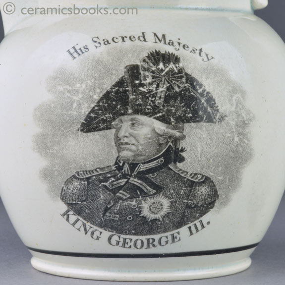 rare pearlware jug with commemorative bat prints of George III and the Duke of Kent. King George III print. AP/1253.