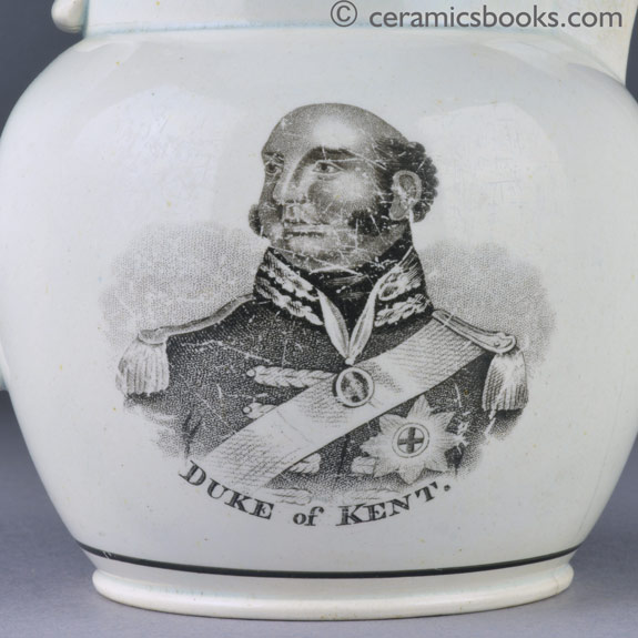 rare pearlware jug with commemorative bat prints of George III and the Duke of Kent. Duke of Kent print. AP/1253.