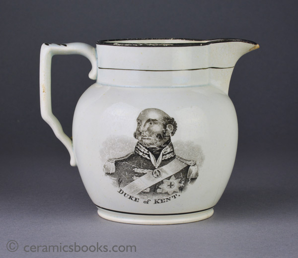 rare pearlware jug with commemorative bat prints of George III and the Duke of Kent. Reverse. AP/1253.