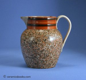 Granite agate ware jug (mochaware related). Extremely rare type of agate ware, redware body. 127mm High. c.1800-1820. AP/212.