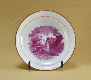Porcelainous china (probably bone china) dish with puce transfer print. Probably Staffordshire. c.1825-1840. AP/411.