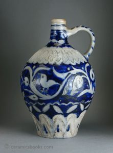 Large Westerwald salt-glazed stoneware bottle or flagon with incised birds etc. 343mm High. c.1790-1820. AP/505.
