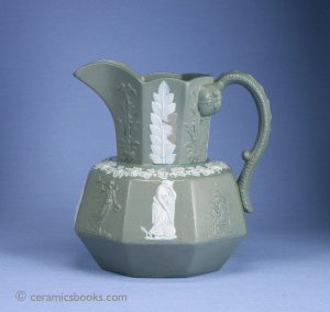 Grey 'hydra' octagonal jug. Incl. sprigs 'Britannia', 'Fame' and 'Urania' etc.. 160mm High. c.1825-1845. AP/575.