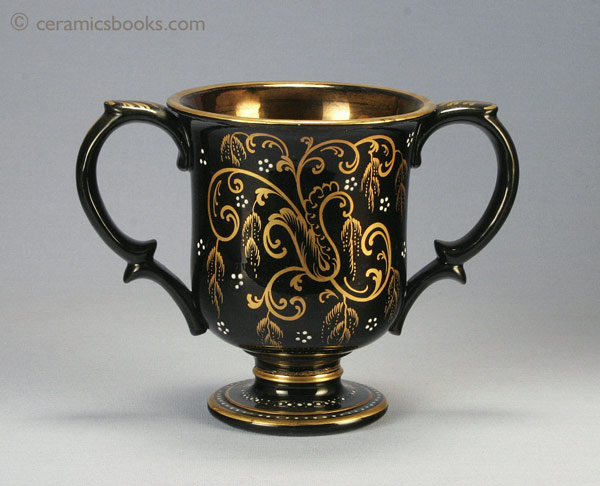 Jackfield glazed two-handled loving cup with ‘W H A’ monogram, dated 1861. Reverse. AP/779.