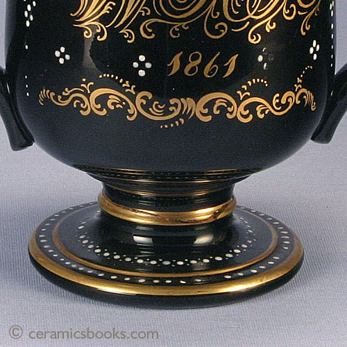 Jackfield glazed two-handled loving cup with ‘W H A’ monogram, dated 1861. Stem. AP/779.