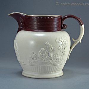 Large white felspathic stoneware jug with ‘Three Graces’ sprigs etc. Probably Davenport c.1805-1830. Obverse. AP/792.