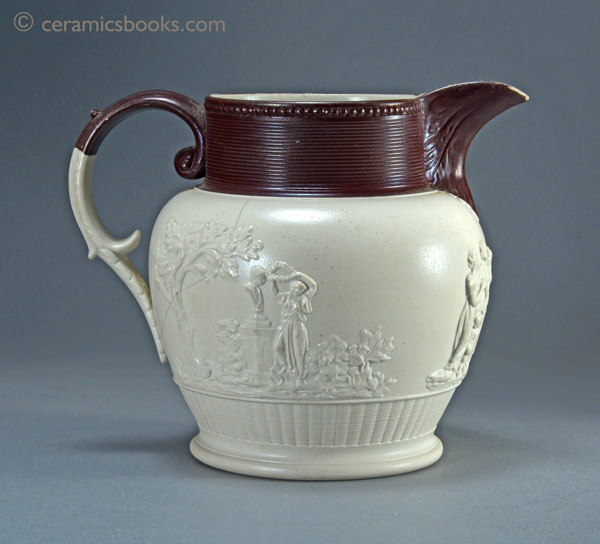 Large white felspathic stoneware jug with ‘Three Graces’ sprigs etc. Probably Davenport c.1805-1830. Reverse. AP/792.