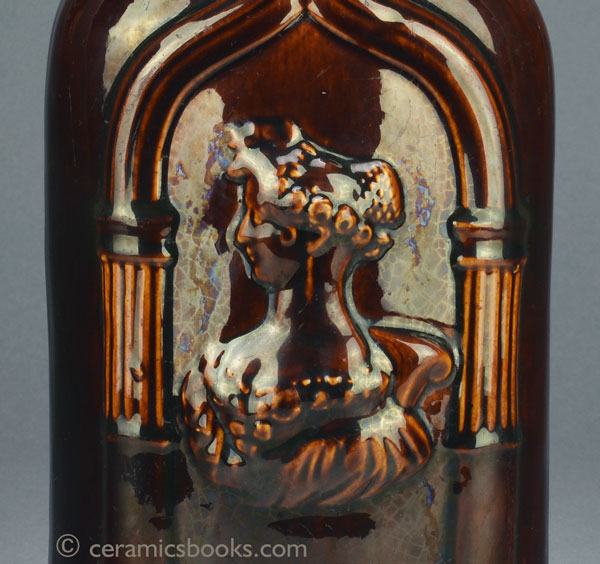 Treacleware (Rockingham glazed) spirit flask with Queen Victoria & the Duchess of Kent. c.1838-1861. Queen Victoria. AP/839