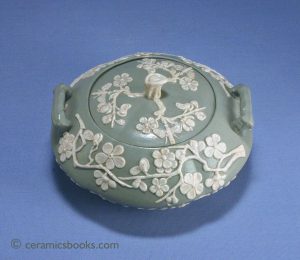 Minton drab green sucrier with prunus and insect sprigs, pad mark. 74mm High. c.1830-1840. AP/847.