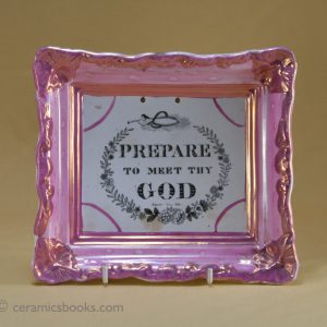 Sunderland Pink Lustreware wall plaque ‘Prepare to Meet Thy God’. Front. AP/850.
