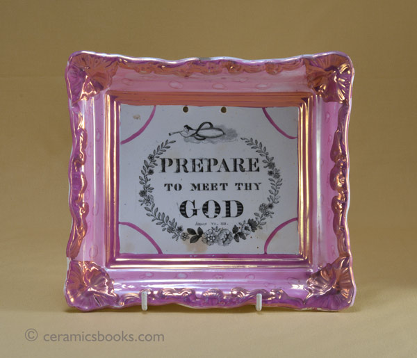 Sunderland Pink Lustreware wall plaque ‘Prepare to Meet Thy God’. Front. AP/850.