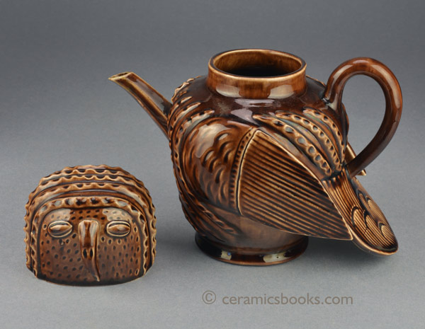 Treacleware (Rockingham glazed) Minton art-ware Owl Teapot. Lid off. AP/856.