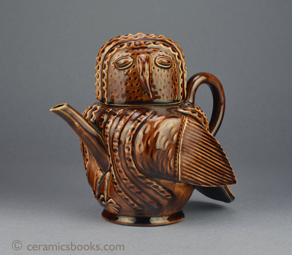 Treacleware (Rockingham glazed) Minton art-ware Owl Teapot. Obverse. AP/856.