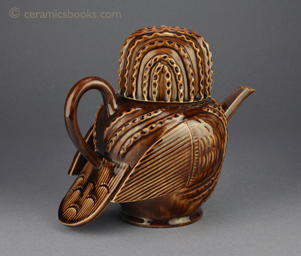Treacleware (Rockingham glazed) Minton art-ware Owl Teapot. Reverse. AP/856.