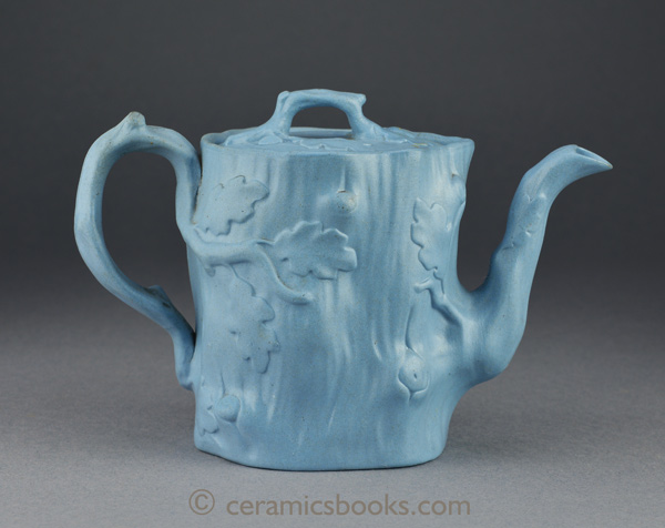 Blue stoneware crabstock teapot attributed to Ridgway & Abington, Hanley, Staffordshire. Reverse. AP/939.