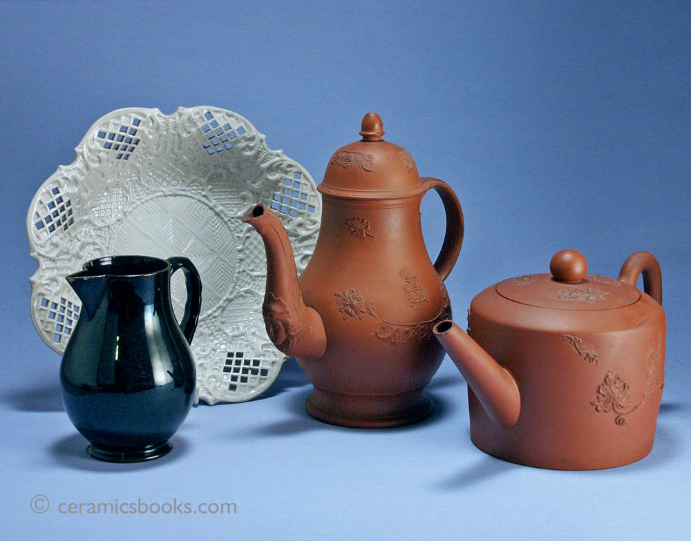 Group of C18th British pottery. White salt-glazed stoneware, red stoneware and Jackfield type earthenware. c.1760-1780.