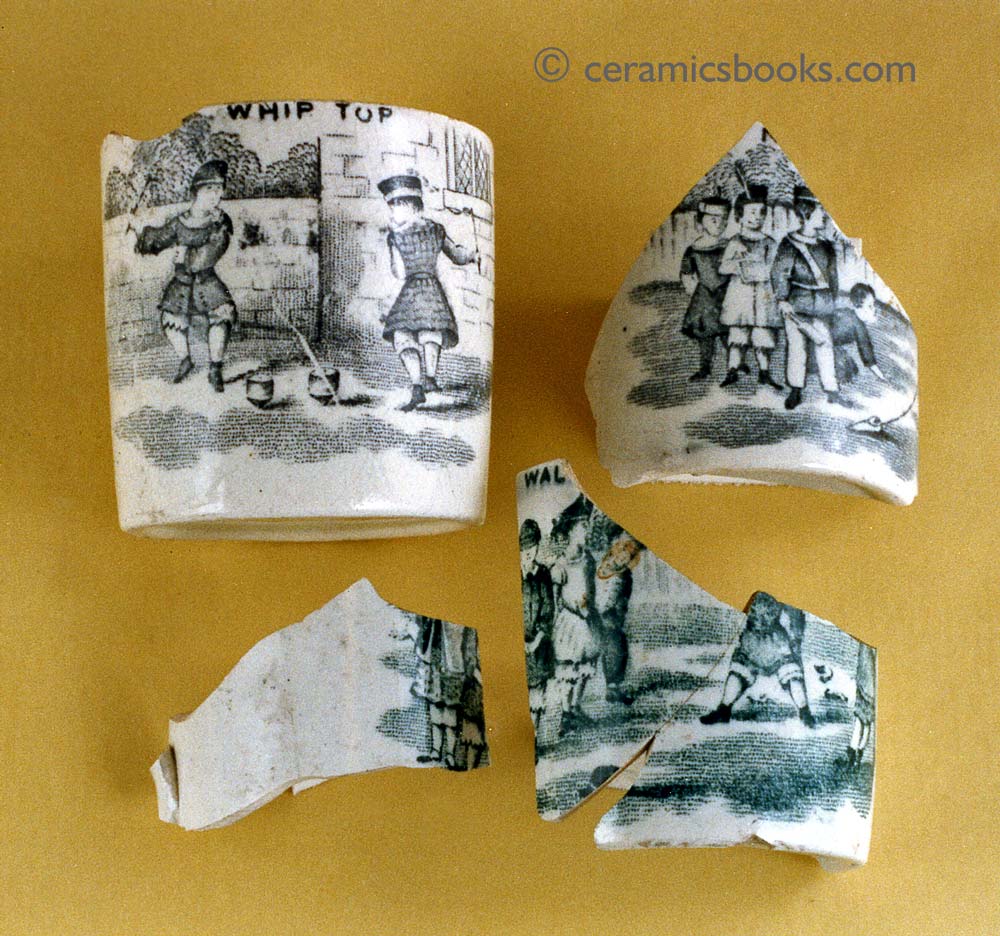 Children's cups with transfer prints of various games. These are usually attributed to Staffordshire c.1835-1860. However these kiln wasters were excavated in 1988 next to the site of the Bristol Pottery, Water Lane from the Pountney & Co. phase c.1870-1880.