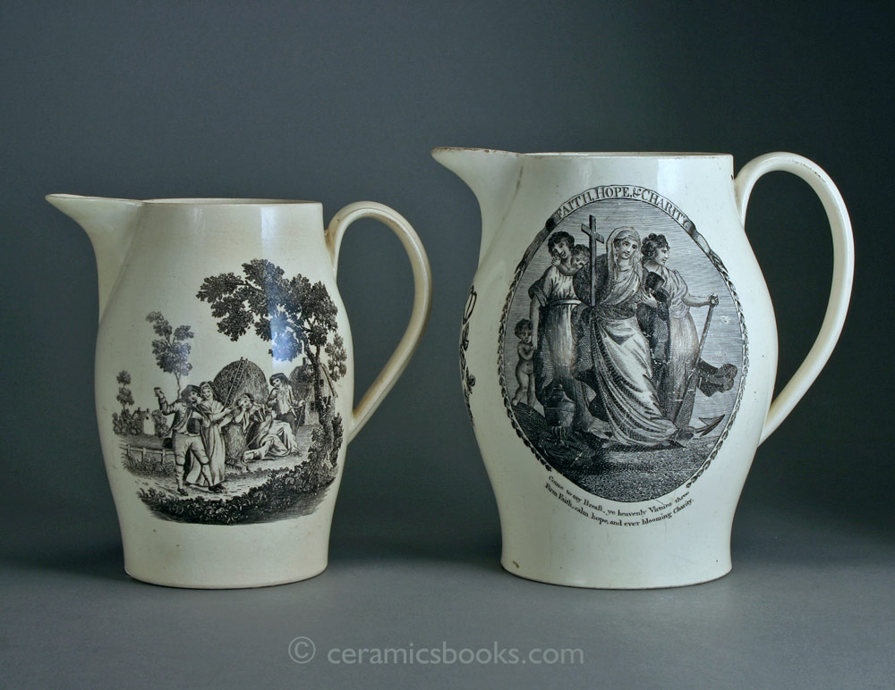 Two baluster form wheel-thrown creamware jugs. Black bat prints. Liverpool or Staffordshire. c.1790-1810.