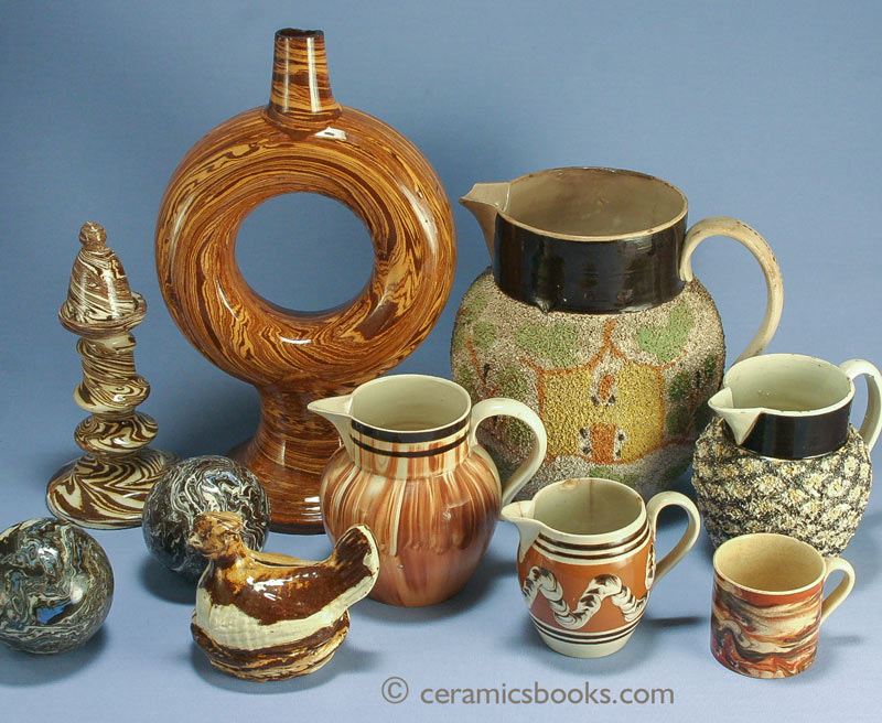 Agateware, marbled slipware, mocha "worm" or cabling, and 'gravel' ware group.
