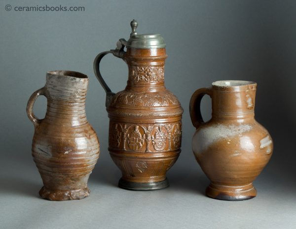 Group of German stoneware salt-glazed jugs.