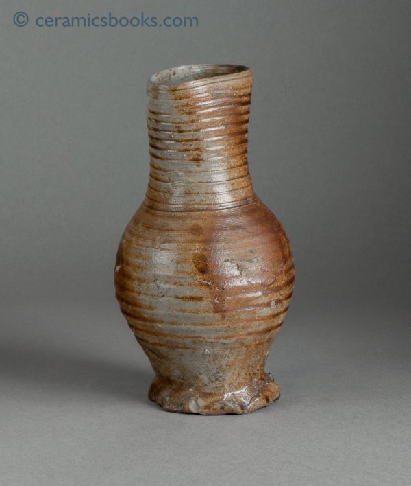 Medieval salt-glazed stoneware jug, probably early Siegburg c.1375-1450. Front.