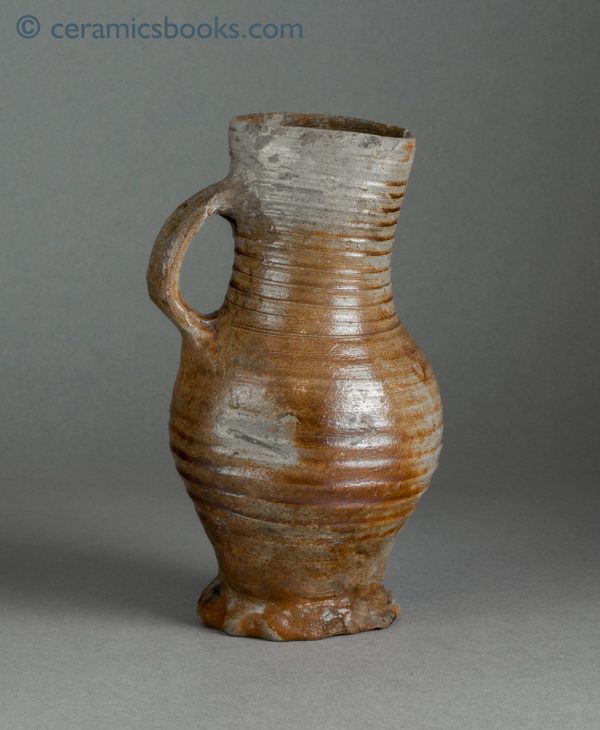 Medieval salt-glazed stoneware jug, probably early Siegburg c.1375-1450. Reverse.