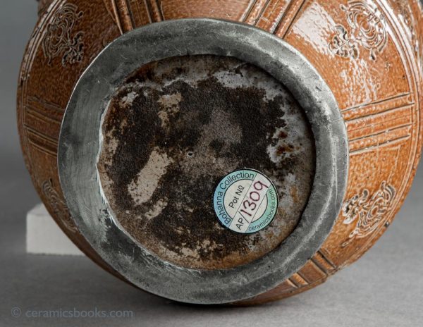 Raeren German stoneware jug. Electors of Rome. Dated 1603. Base.