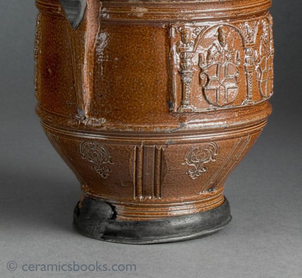 Raeren German stoneware jug. Electors of Rome. Dated 1603. Foot.