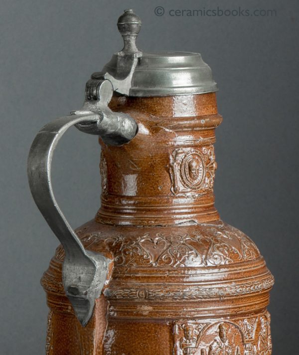 Raeren German stoneware jug. Electors of Rome. Dated 1603. Handle.