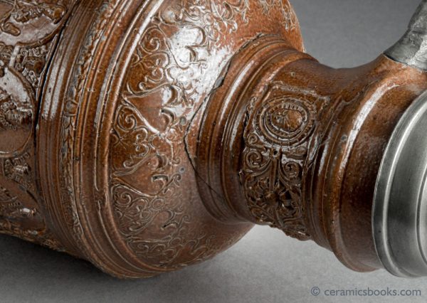 Raeren German stoneware jug. Electors of Rome. Dated 1603. Neck.