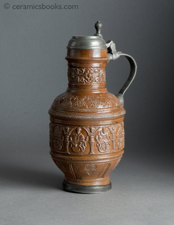 Raeren German stoneware jug. Electors of Rome. Dated 1603. Obverse.