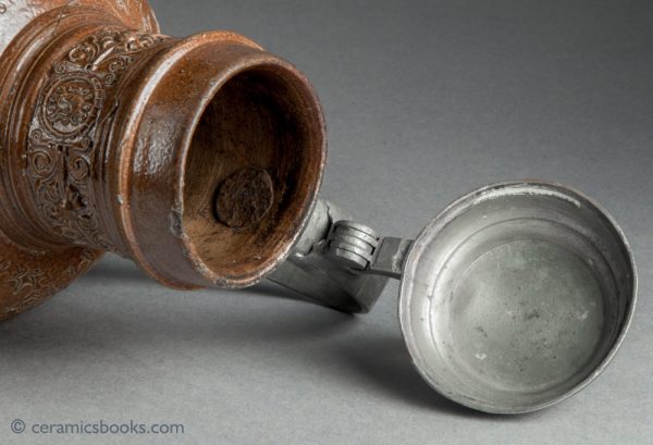 Raeren German stoneware jug. Electors of Rome. Dated 1603. Rim.