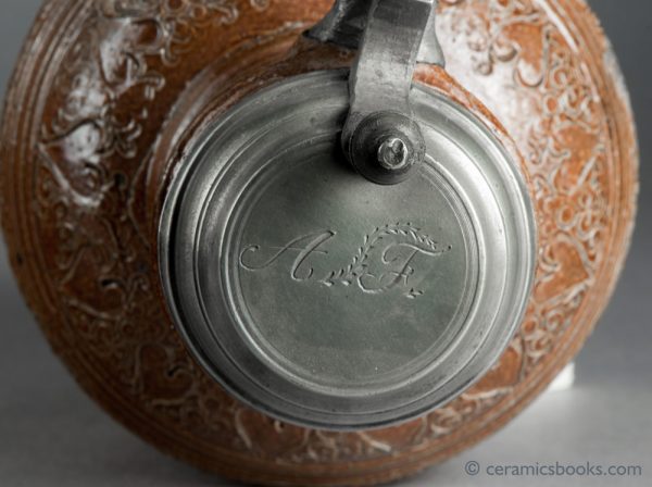 Raeren German stoneware jug. Electors of Rome. Dated 1603. Lid.