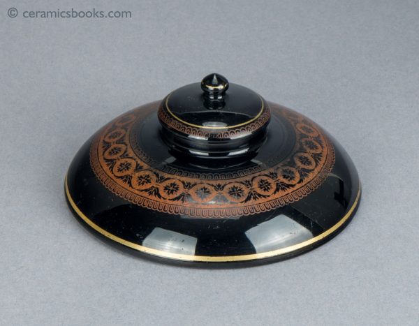 A Jackfield type inkwell, in a very low dome shape. Side view 2.