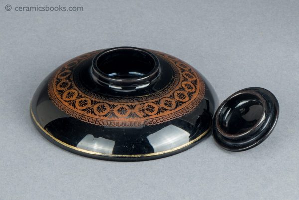 A Jackfield type inkwell, in a very low dome shape. Open.