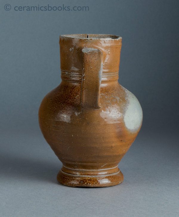 German brown stoneware jug, salt-glazed. Probably Raeren. c.1550-1600. Back.