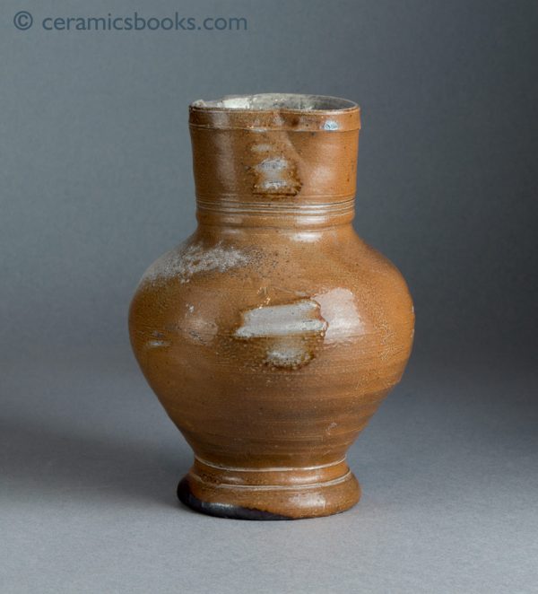 German brown stoneware jug, salt-glazed. Probably Raeren. c.1550-1600. Front.